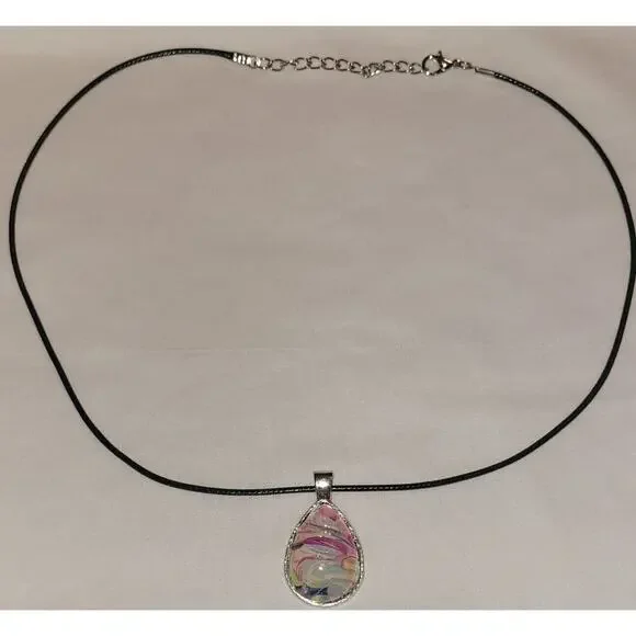 Handmade Acrylic Skin Pendant Necklace Teardrop Pink Blue White Silver Black - Picture 3 of 4